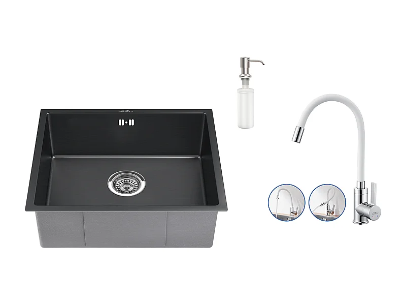 Évier Noir 1 Bac 50x43x18,5CM,Acier Inoxydable, avec Distrubuteur de savon+Robinet de Cuisine Flexible Bec Haut Orientable Librement,Blanc