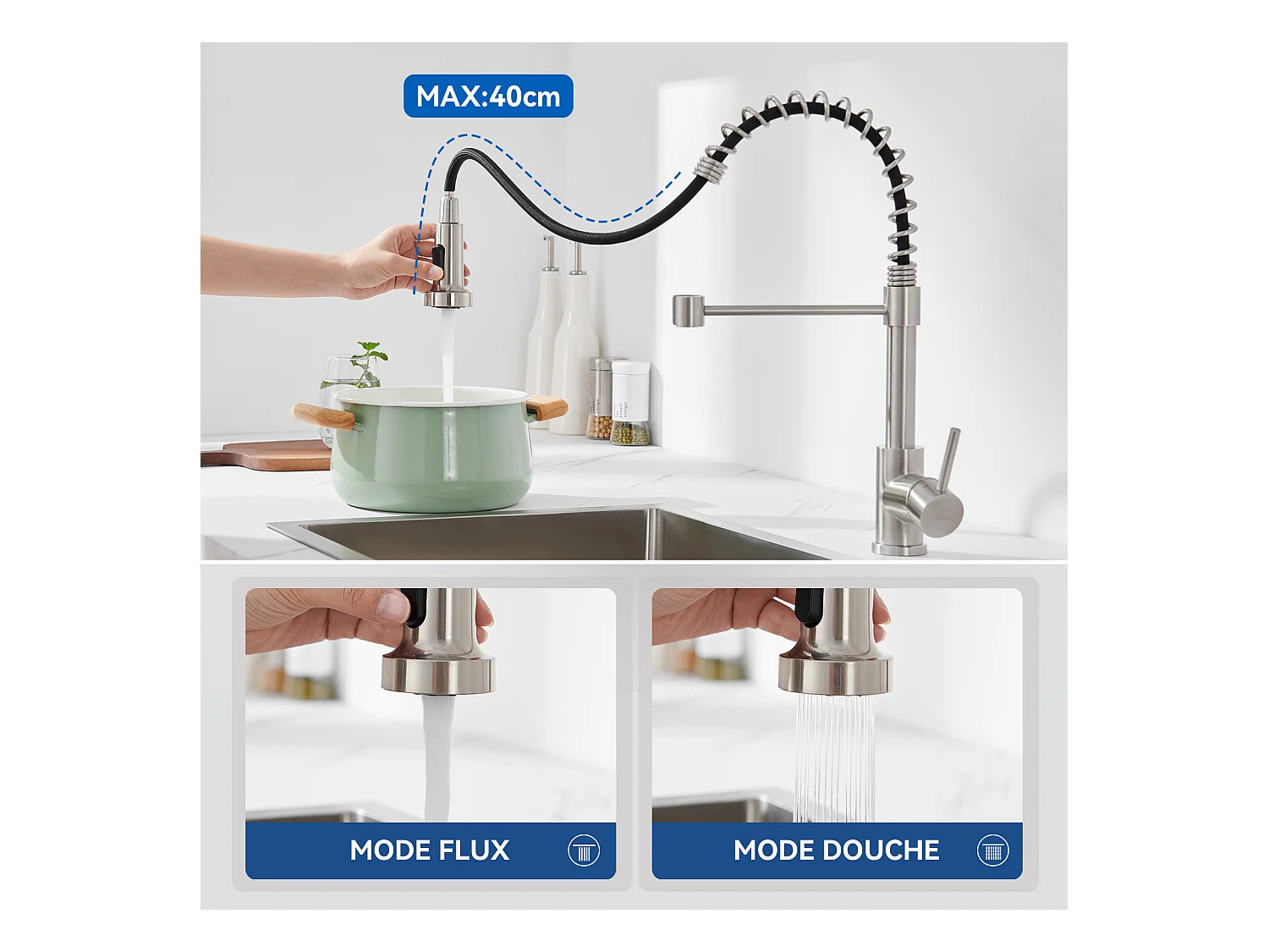 1-Bag Silber Küchenspüle, 44*49*20 CM, mit Seifenspender, Edelstahl + Küchenarmatur mit ausziehbarer Brause, 2 Modi, 360° schwenkbar, gebürstet