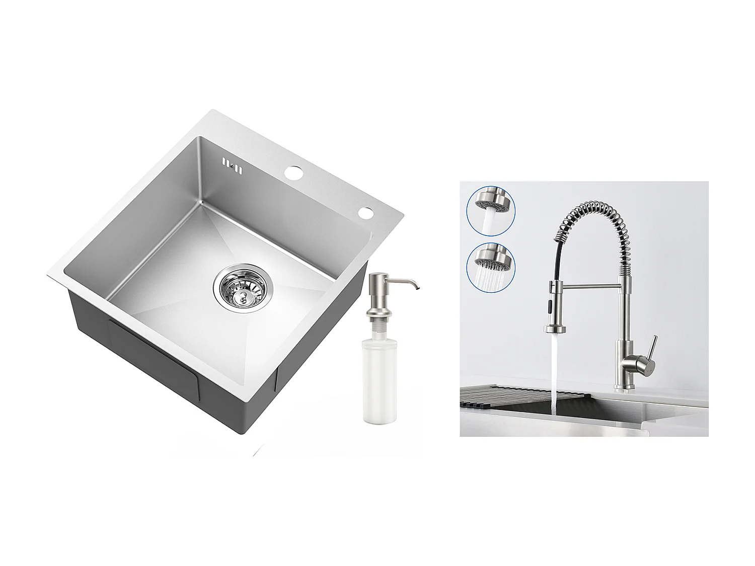 Évier Cuisine 1Bac Argent,44*49*20 CM,avec Distributeur Savon,Inox+Robinet Cuisine avec Douchette Extensible,2 Modes,Pivotant 360°,Brossé