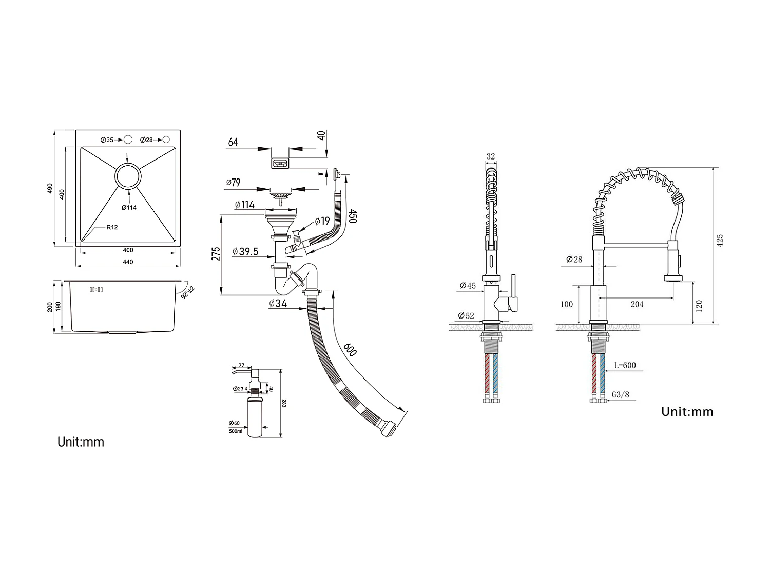 Évier Cuisine 1Bac Argent,44*49*20 CM,avec Distributeur Savon,Inox+Robinet Cuisine avec Douchette Extensible,2 Modes,Pivotant 360°,Brossé