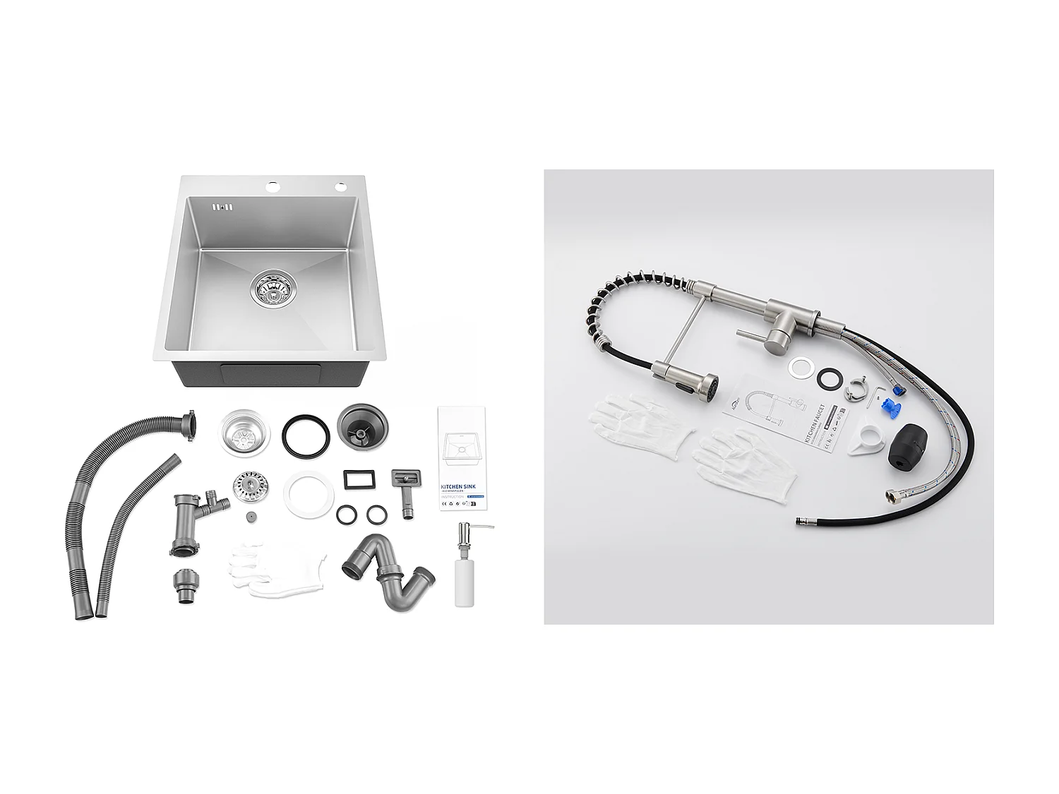 Évier Cuisine 1Bac Argent,44*49*20 CM,avec Distributeur Savon,Inox+Robinet Cuisine avec Douchette Extensible,2 Modes,Pivotant 360°,Brossé