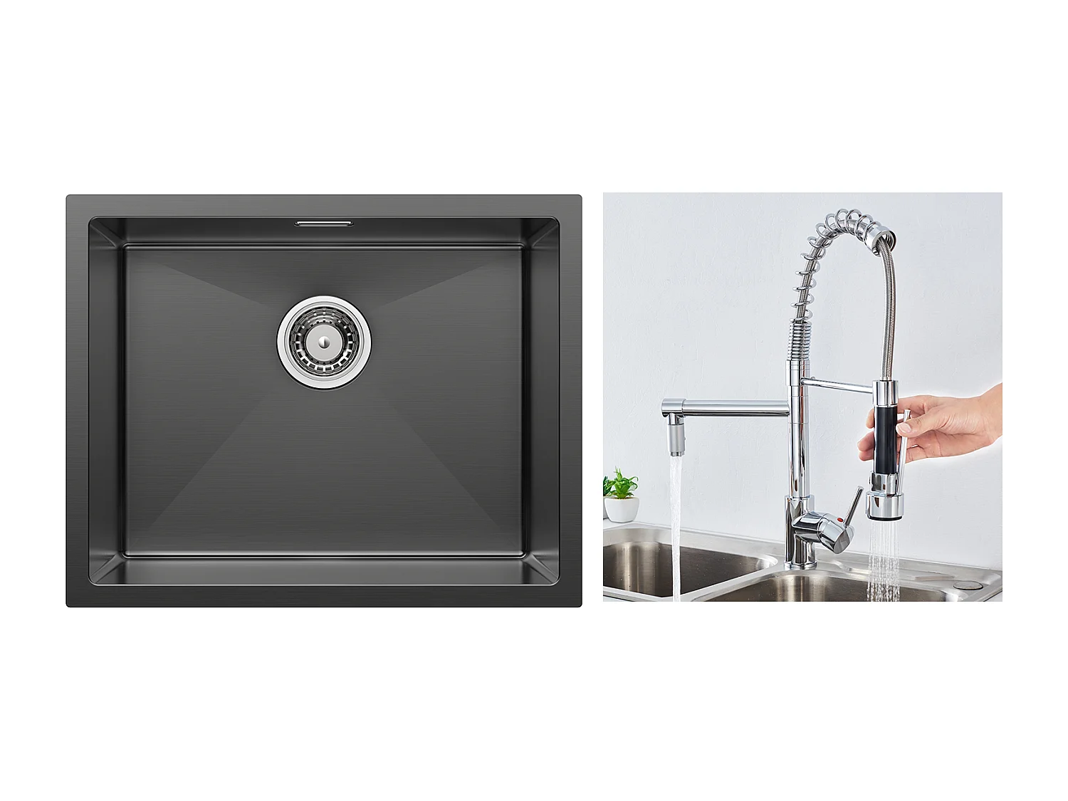 2 en1 Évier de Cuisine 1 Bac 55*44*19CM, à Encastrer/Fleur/ Sous-Plan, Noir+Robinet Cuisine Rotatif 360°  avec Douchette Extractible,Chromé