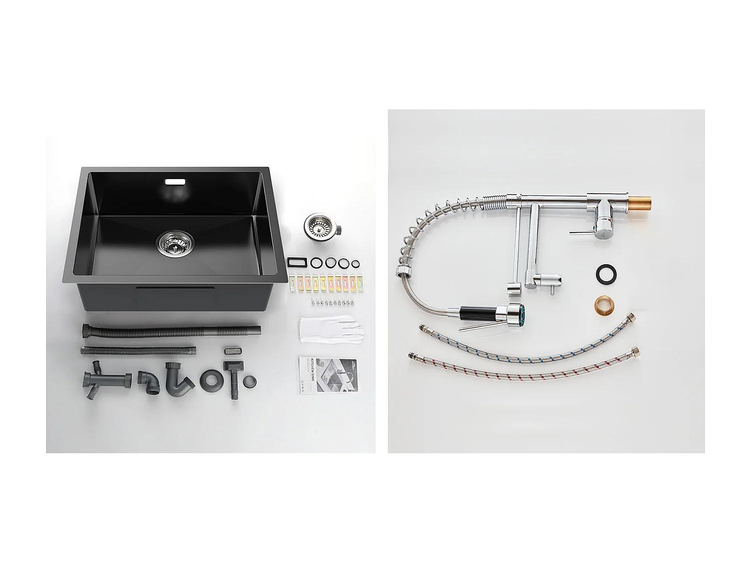 2-in-1-Küchenspüle mit Einzelbecken, 55 x 44 x 19 cm, Einbau-/Blumen-/Unterbauspüle, schwarz + 360° drehbarer Küchenhahn mit ausziehbarer Brause, Chrom