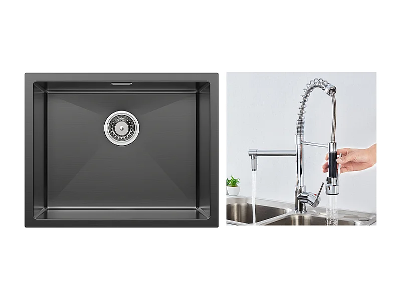 2 en1 Fregadero de Cocina 1 Bandeja 55*44*19CM, Empotrable/Fleur/ Sub-Plan, Negro+Grifo Cocina Giratorio 360° con Ducha Extraíble, Cromado