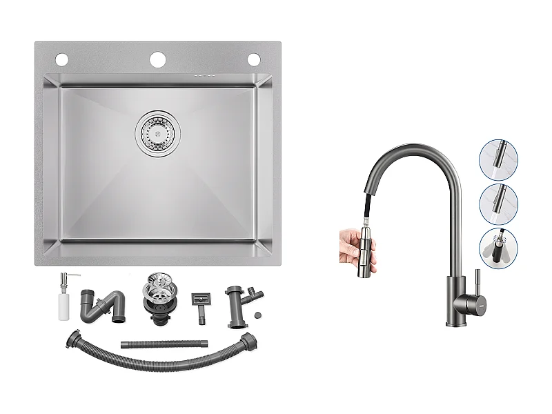 Küchenspüle 54*49*20 CM, Einbauspüle mit Seifenspender, Silber + Küchenmischbatterie mit ausziehbarer Brause Dunkelgrau
