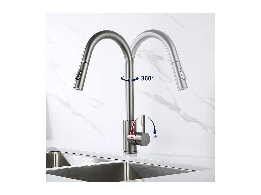 Küchenspüle 54*49*20 CM, Einbauspüle mit Seifenspender, Silber + Küchenmischbatterie mit ausziehbarer Brause Dunkelgrau