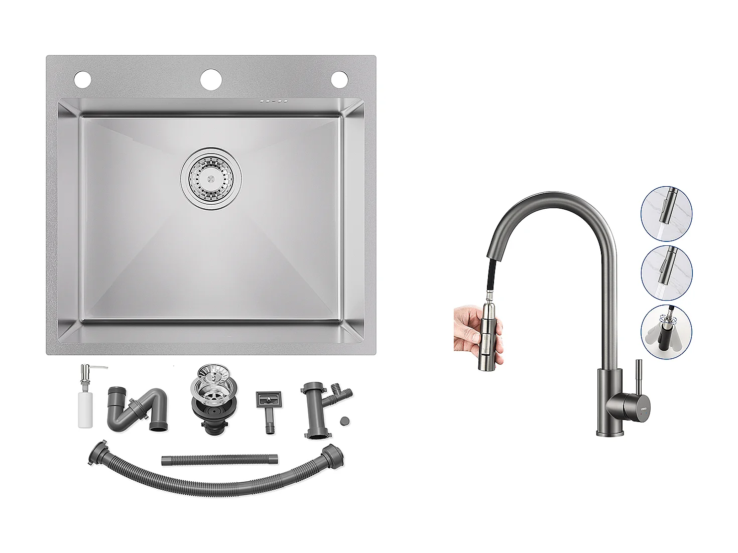 Evier Cuisine 54*49*20 CM,à Encastrer/à Fleur de Plan avec Distributeur Savon,Argent+Mitigeur Cuisine avec Douchette Extractible Gris Foncé