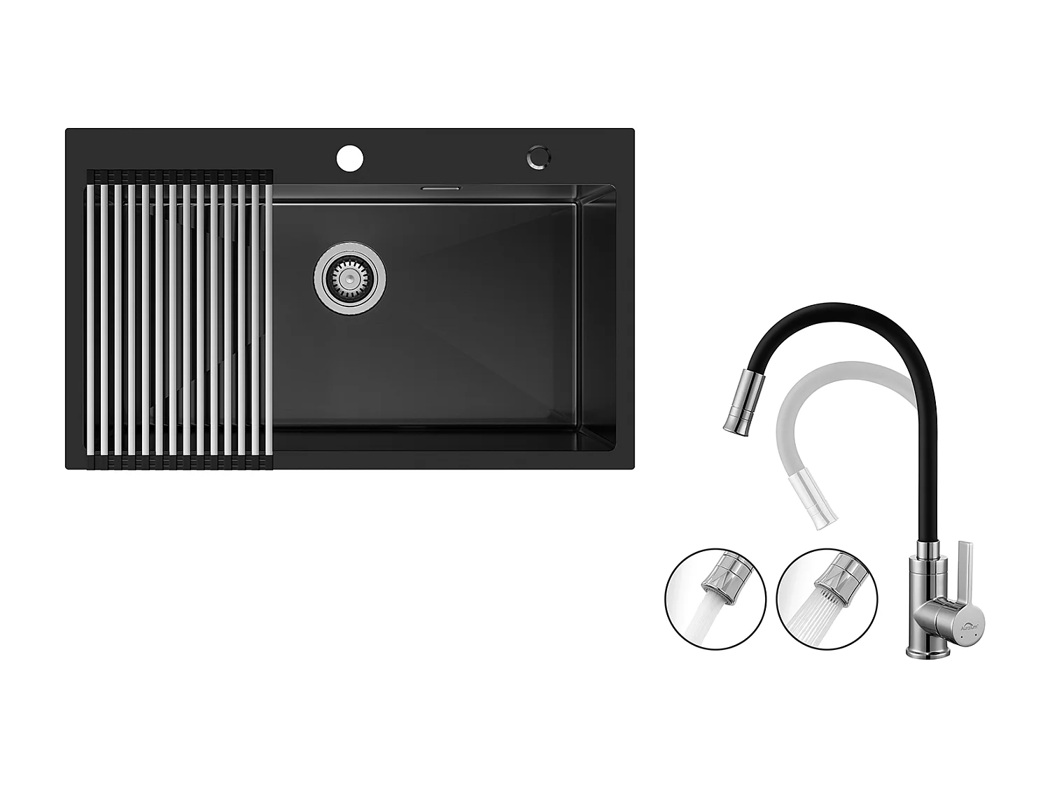 Lavello cucina 1 Vassoio 75 x 45 cm,inossidabile nero con scolapiatti pieghevole+Miscelatore da cucina nero flessibile,Rubinetto da cucina pieghevole