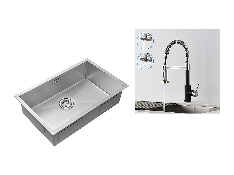 Évier Cuisine 1Bac 70*44*19CM,à Encastrer/Fleur/Sous-Plan,avec Siphon/Trop-Plein,Brossé+Robinet Cuisine Ressort avec Douchette Extensible,2 Modes,Noir