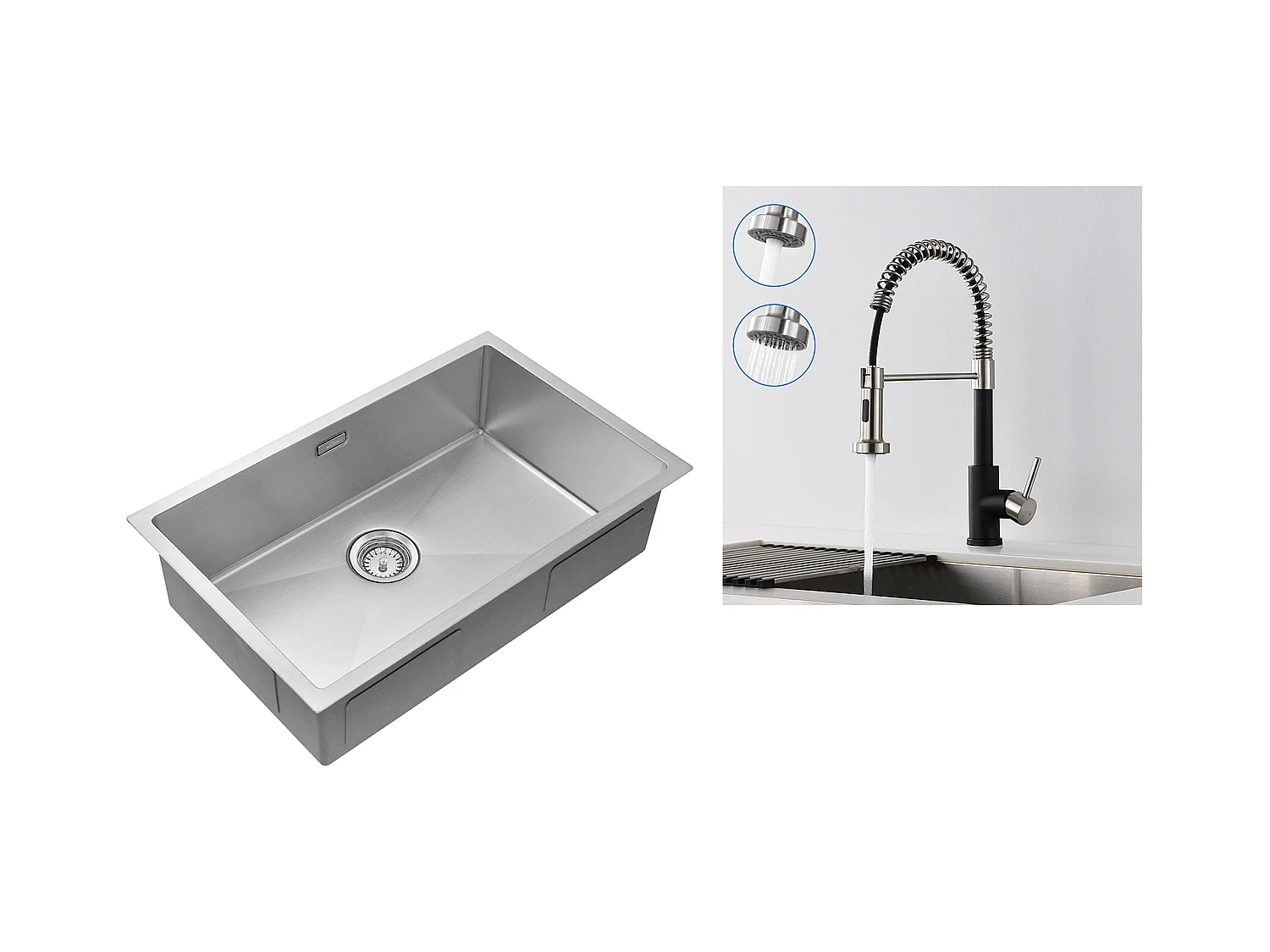 Évier Cuisine 1Bac 70*44*19CM,à Encastrer/Fleur/Sous-Plan,avec Siphon/Trop-Plein,Brossé+Robinet Cuisine Ressort avec Douchette Extensible,2 Modes,Noir