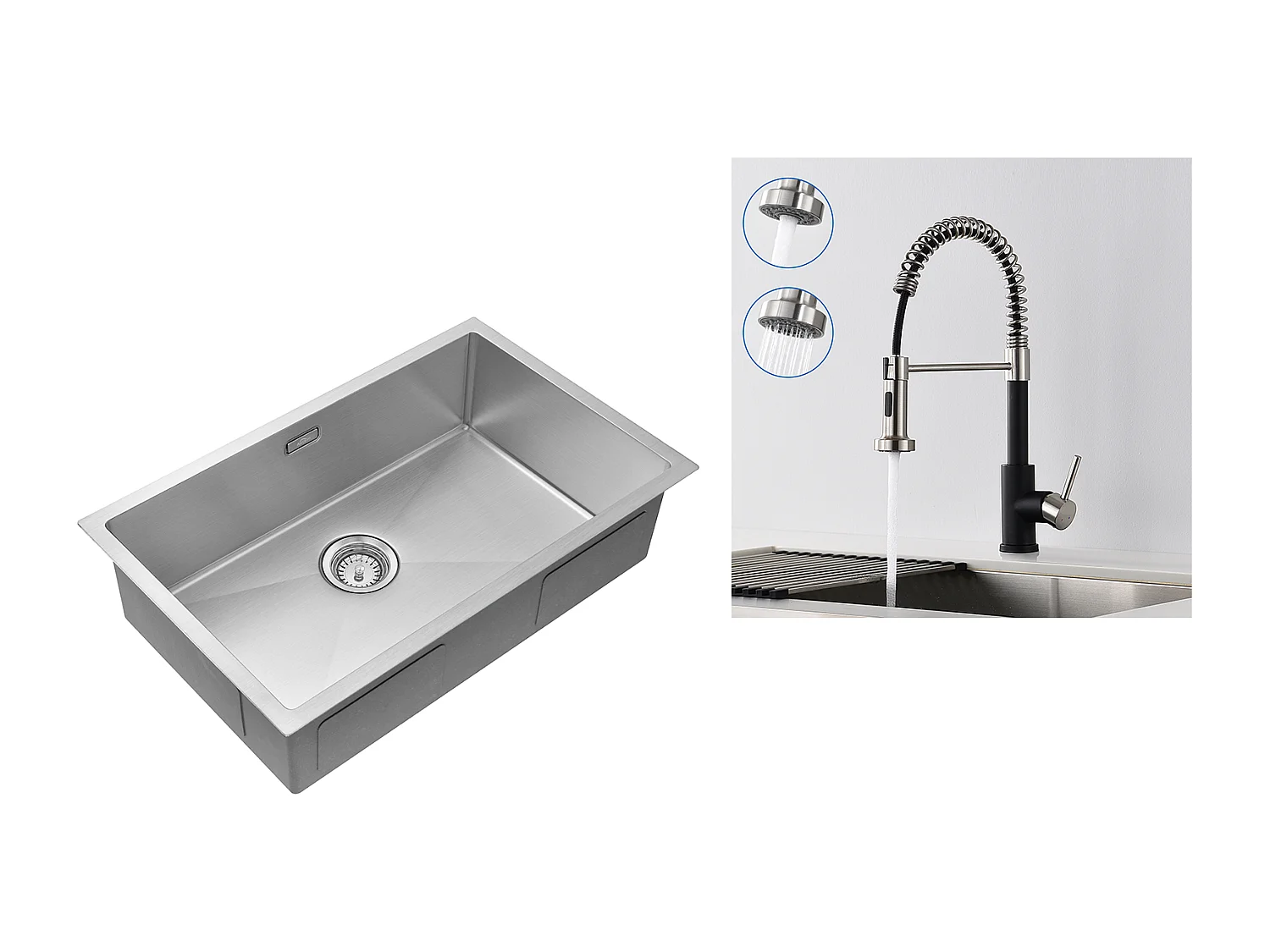 Évier Cuisine 1Bac 70*44*19CM,à Encastrer/Fleur/Sous-Plan,avec Siphon/Trop-Plein,Brossé+Robinet Cuisine Ressort avec Douchette Extensible,2 Modes,Noir