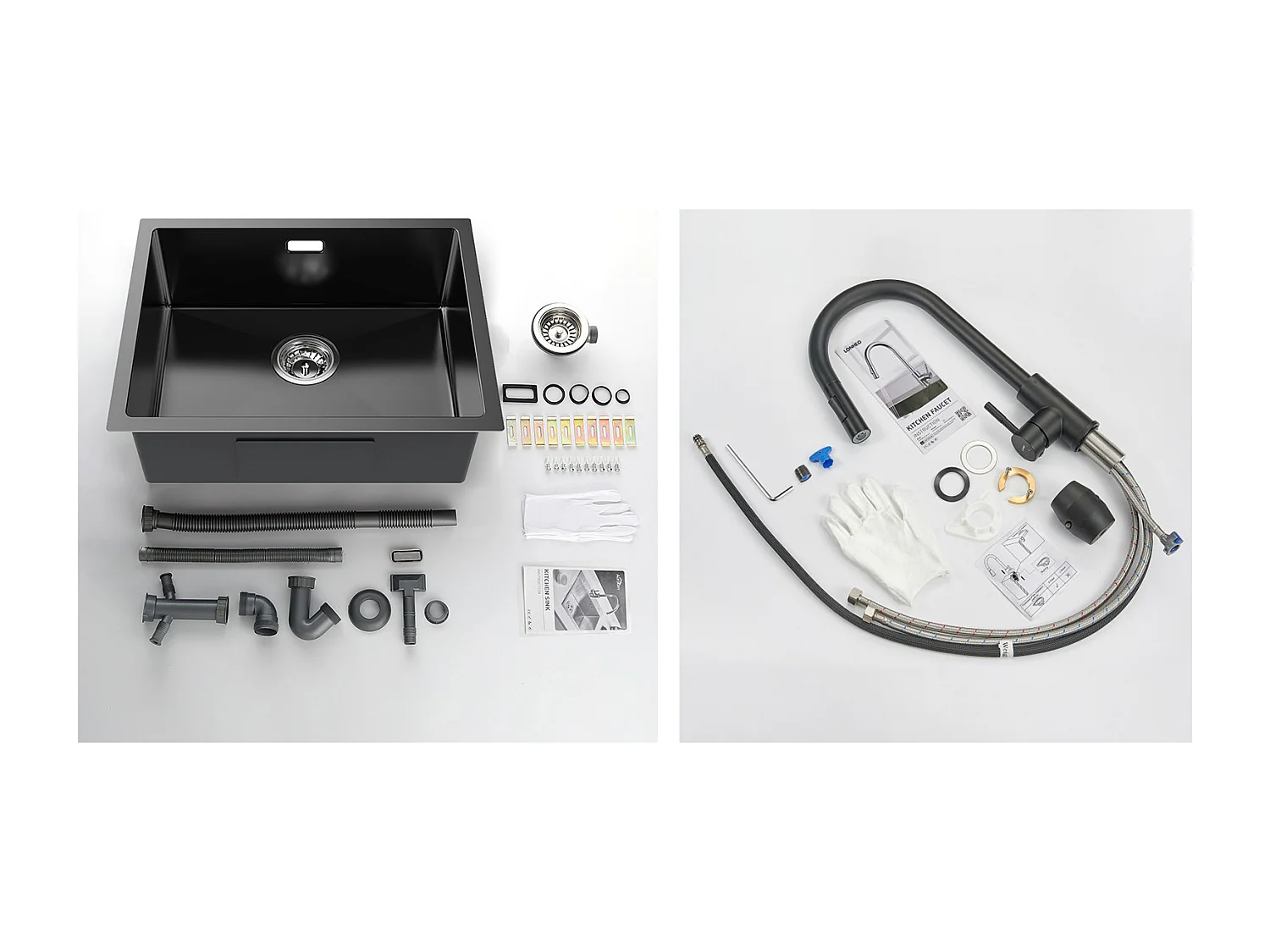 2 in1 Aanrecht 1 Bak 55*44*19CM,Inbouw/Bloem/Ondergrond,Zwart+Zwart Keukenkraan,Rox Uittrekbaar 360° Draaibaar,2 Functies