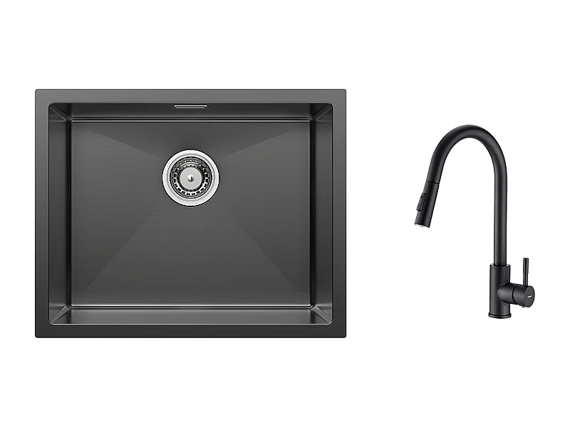 2 en1 Évier de Cuisine 1 Bac 55*44*19CM,à Encastrer/Fleur/ Sous-Plan,Noir+Robinet de Cuisine Noir,Inox Extractible Rotatif à 360 °,2 Fonctions