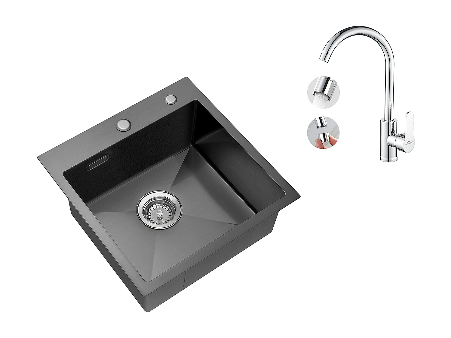 Évier Cuisine 1 Bac 45x45CM Acier Inoxydable 304 ,encastré et à Poser+Robinet Cuisine Pivotant à 360° avec Eau Chaude/Froide, Chromé,EU Modèle