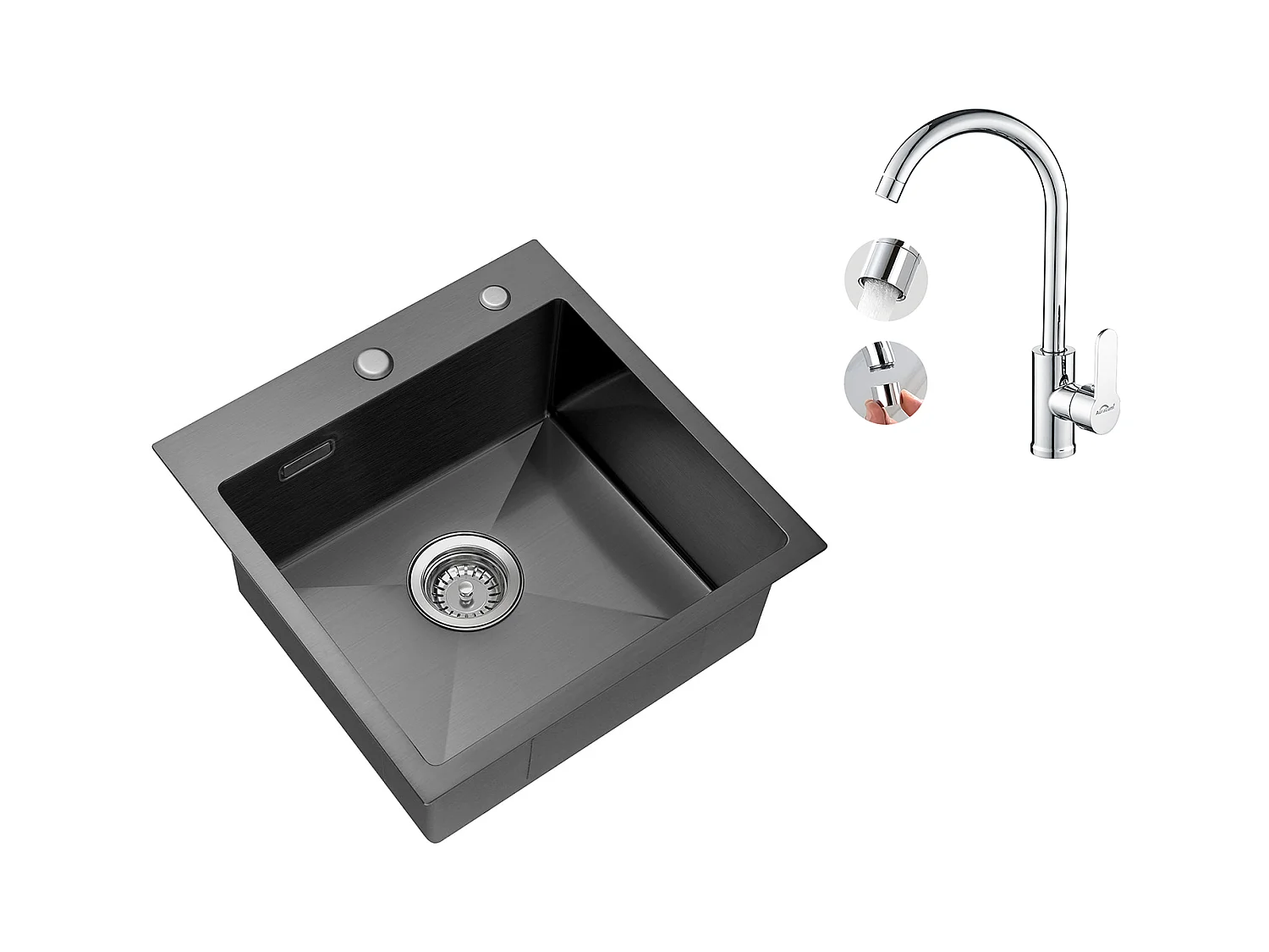 Lavello Cucina 1 Vassoio 45x45CM Inossidabile 304,incassato e da Posare+Rubinetto CuIsine Girevole a 360° con Acqua Calda/Fredda, Cromato,Modello UE
