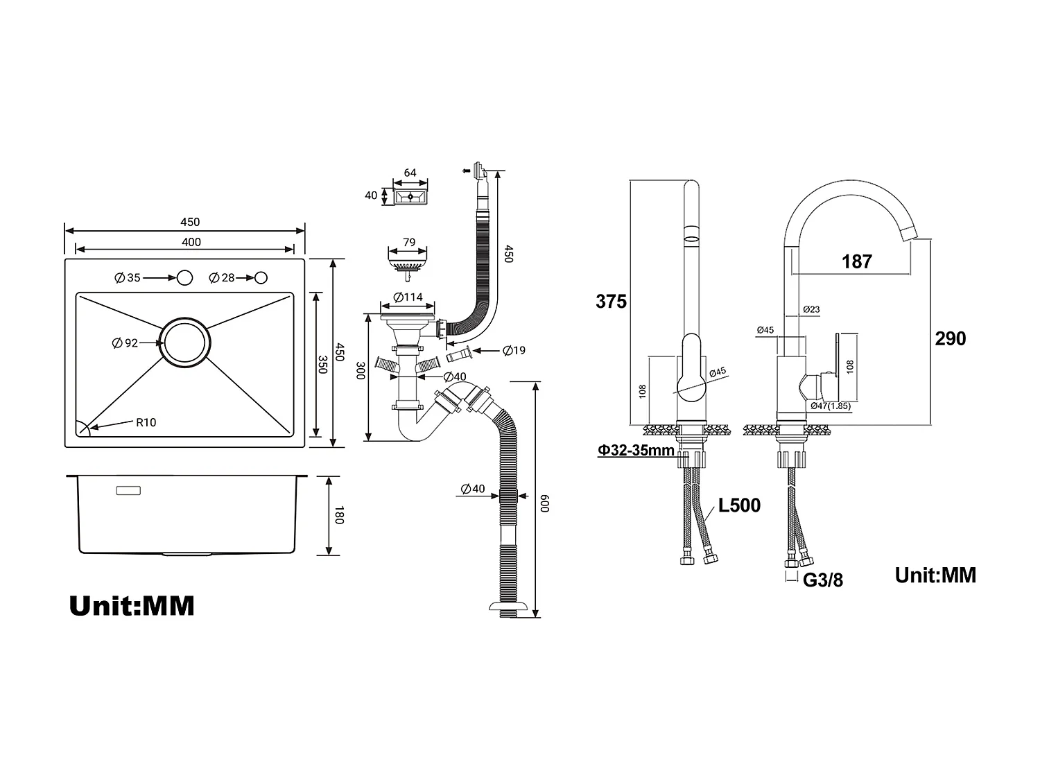 Lavello Cucina 1 Vassoio 45x45CM Inossidabile 304,incassato e da Posare+Rubinetto CuIsine Girevole a 360° con Acqua Calda/Fredda, Cromato,Modello UE