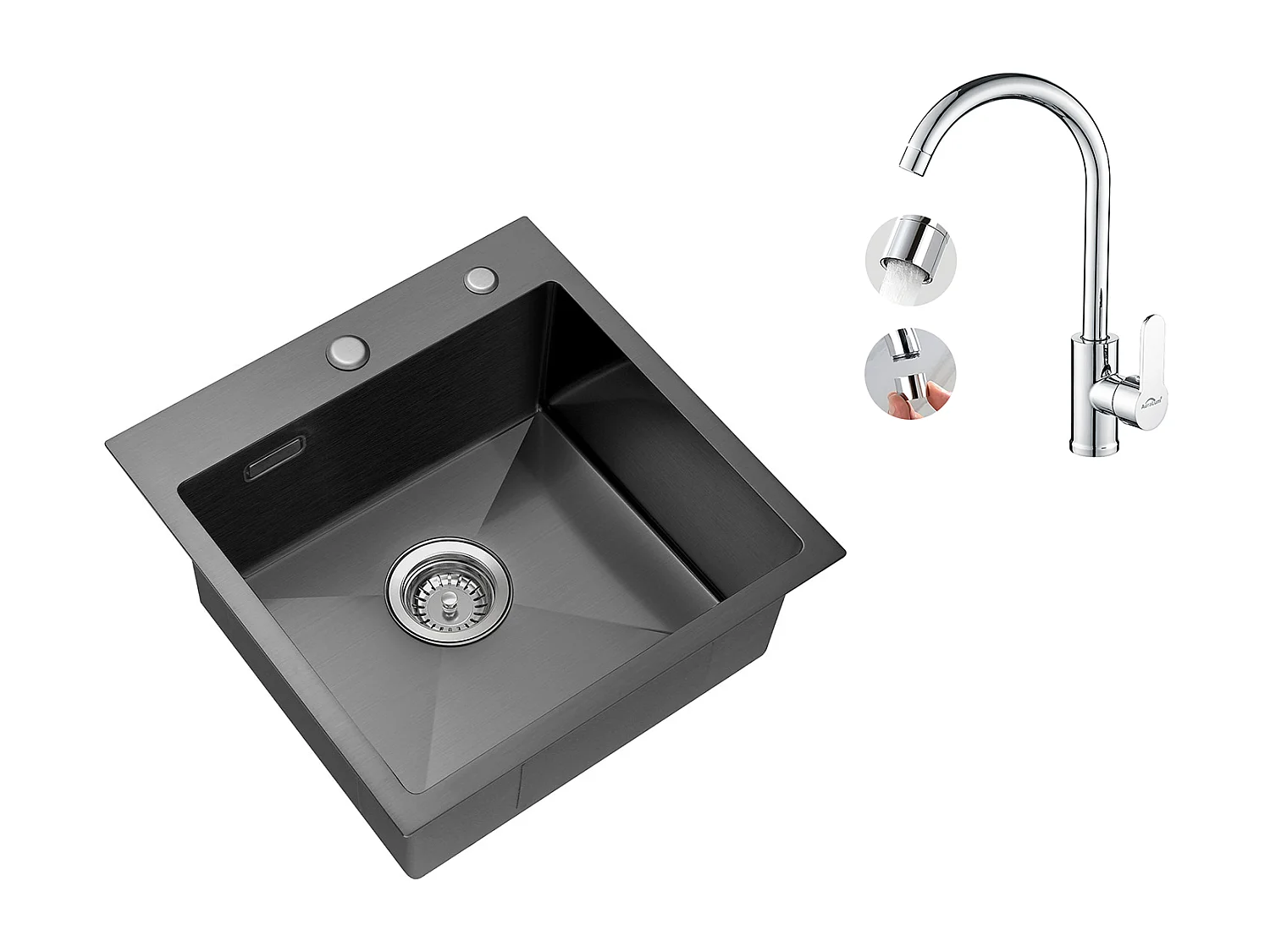Aanrecht 1 bak 45x45CM 304 roestvrij staal, inbouw en op te zetten + 360° draaibare keukenkraan met warm/koud water, verchroomd, EU model