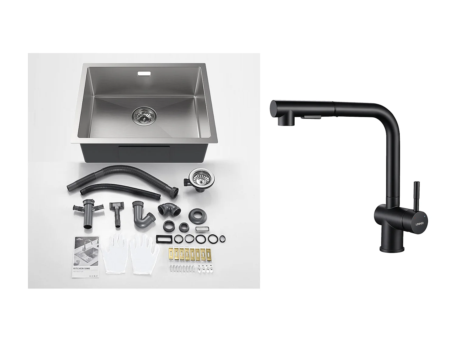 2 en1 Évier de Cuisine 1 Bac 55*44*19CM, à Encastrer/Fleur/ Sous-Plan, Brossé+Robinet Cuisine Douchette Extractible Deux Jets Pivotant 360°,Noir