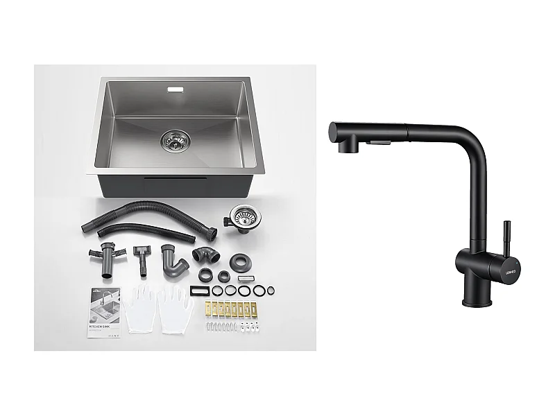 Lavello da Cucina 1 Vassoio 55*44*19CM, da Incasso/Fiore/Sottopiano, Spazzolato+Rubinetto Cucina Doccia Estraibile Due Getti Girevoli a 360°, Nero