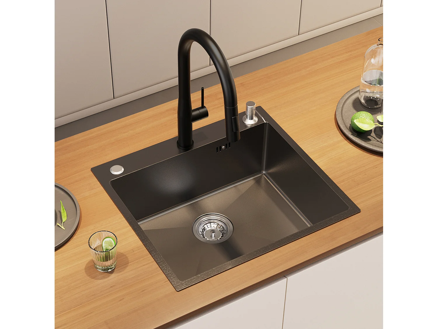Evier Cuisine 1Bac 54*49*20 CM,en Inox,Noir Gris,Evier 1Cuve avec Distributeur Savon+Robinet Cuisine,Orientable 360°,Eau Chaude/Froide,Noir
