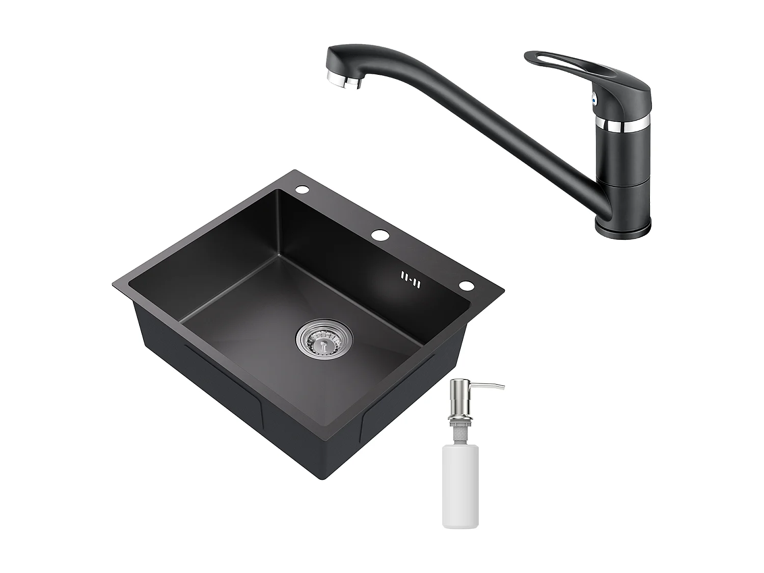 Aanrecht 1Bak 54*49*20 CM, in RVS, Zwart Grijs, Gootsteen 1Kom avEc Zeepdispenser+Keukenkraan, 360° Richtbaar,Warm/Koud Water,Zwart