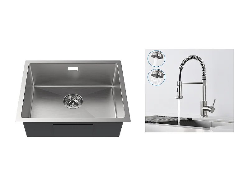 Évier Cuisine 1 Bac 55*44*19CM, à Encastrer/Fleur/ Sous-Plan+Robinet Cuisine à Ressort avec Douchette Extensible,2 Modes, Pivo