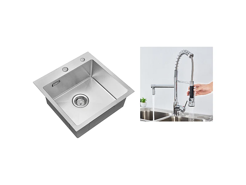 Évier Cuisine 1 Bac 45x45CM Acier Inoxydable 304 ,encastré et à Poser +Robinet Cuisine Rotatif 360° Douchette Extractible