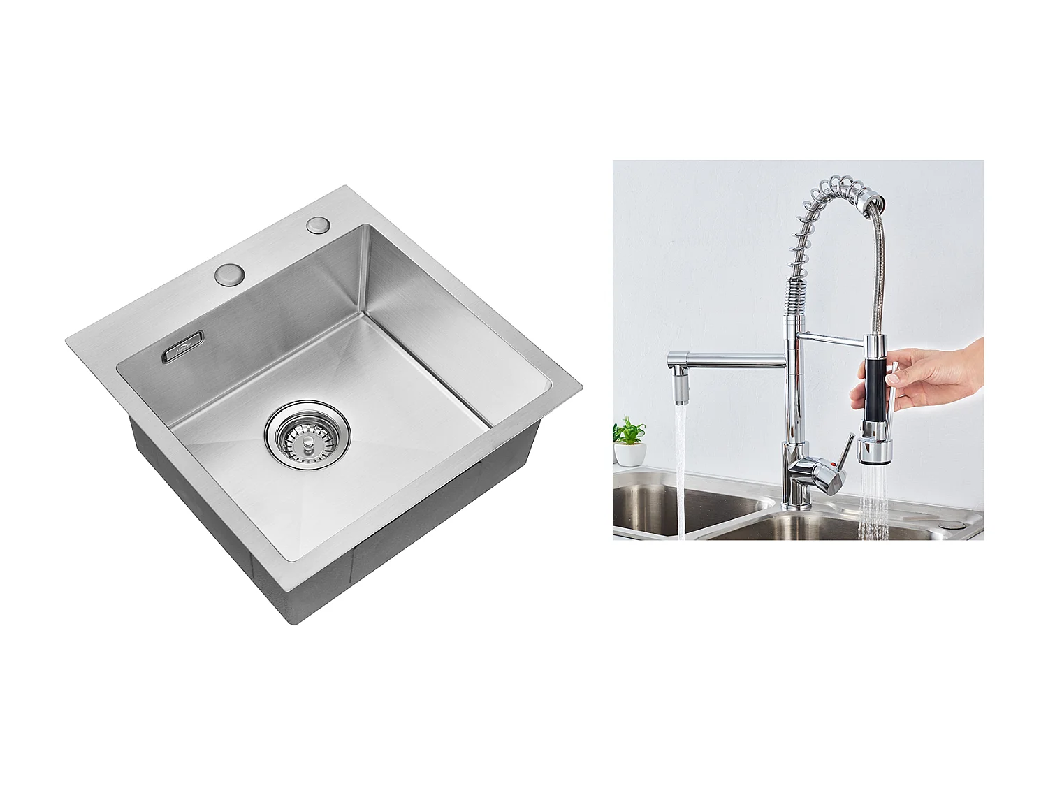 Évier Cuisine 1 Bac 45x45CM Acier Inoxydable 304 ,encastré et à Poser +Robinet Cuisine Rotatif 360° Douchette Extractible