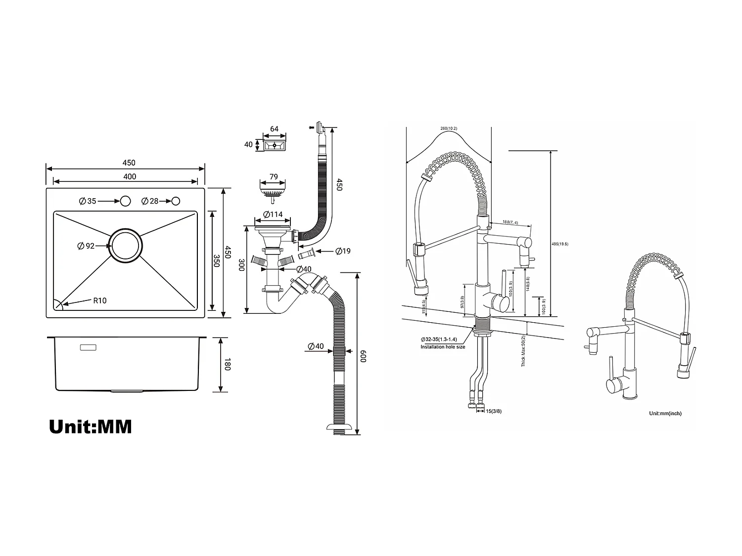 Évier Cuisine 1 Bac 45x45CM Acier Inoxydable 304 ,encastré et à Poser +Robinet Cuisine Rotatif 360° Douchette Extractible