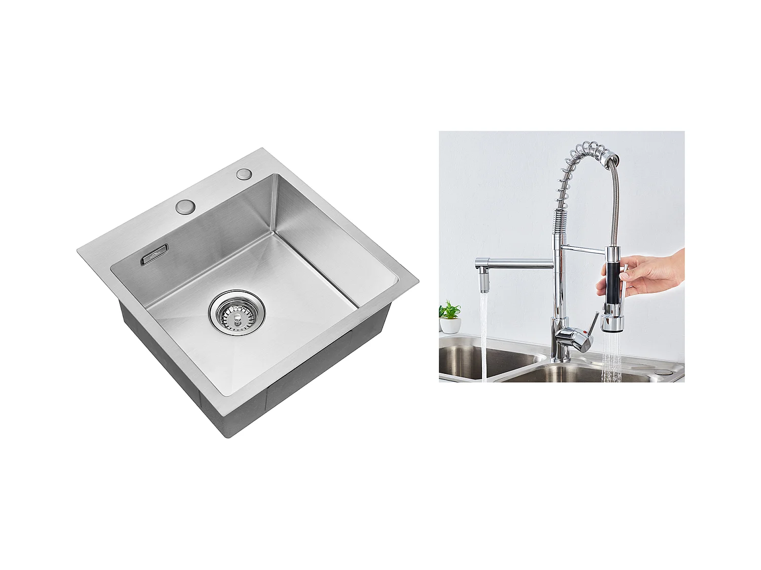 Becken Küchenspüle 45x45CM 304 Edelstahl, Einbau- und Arbeitsplattenspüle + 360° drehbarer Küchenarmatur mit ausziehbarer Brause