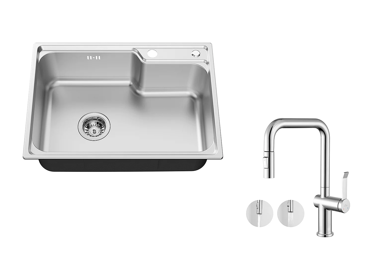 Évier Cuisine 1 Bac 62*45*21CM,en Inox PVD Nano Vasque à Poser,Argent+Robinet Cuisine avec Douchette Extractible Rotatif 360 °2 Fonctions,Chromé