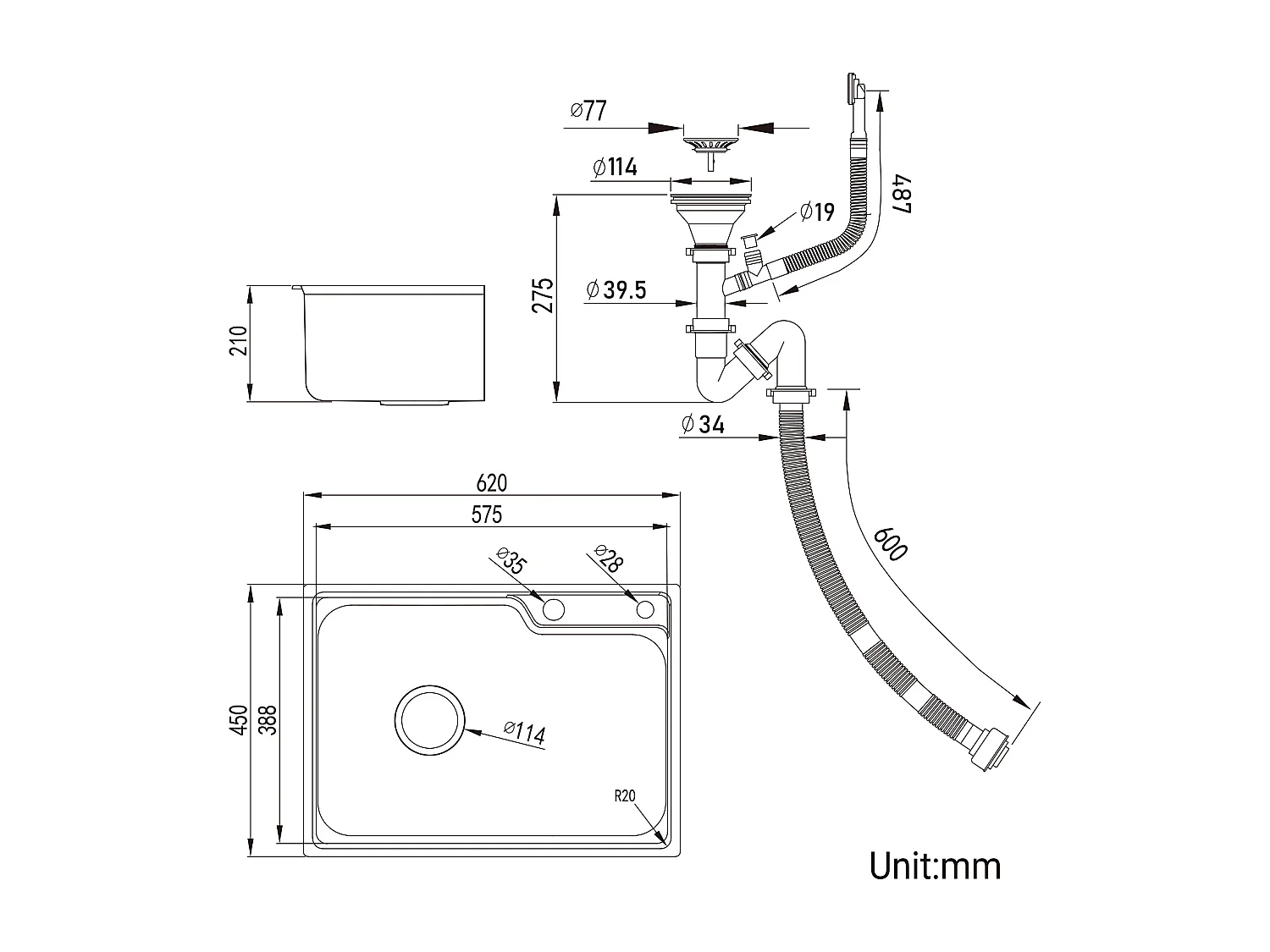 Aanrecht 1 bak 62*45*21CM, roestvrij staal PVD Nano wastafel, zilver + keukenkraan met uittrekbare handdouche 360 °2 functies, verchroomd