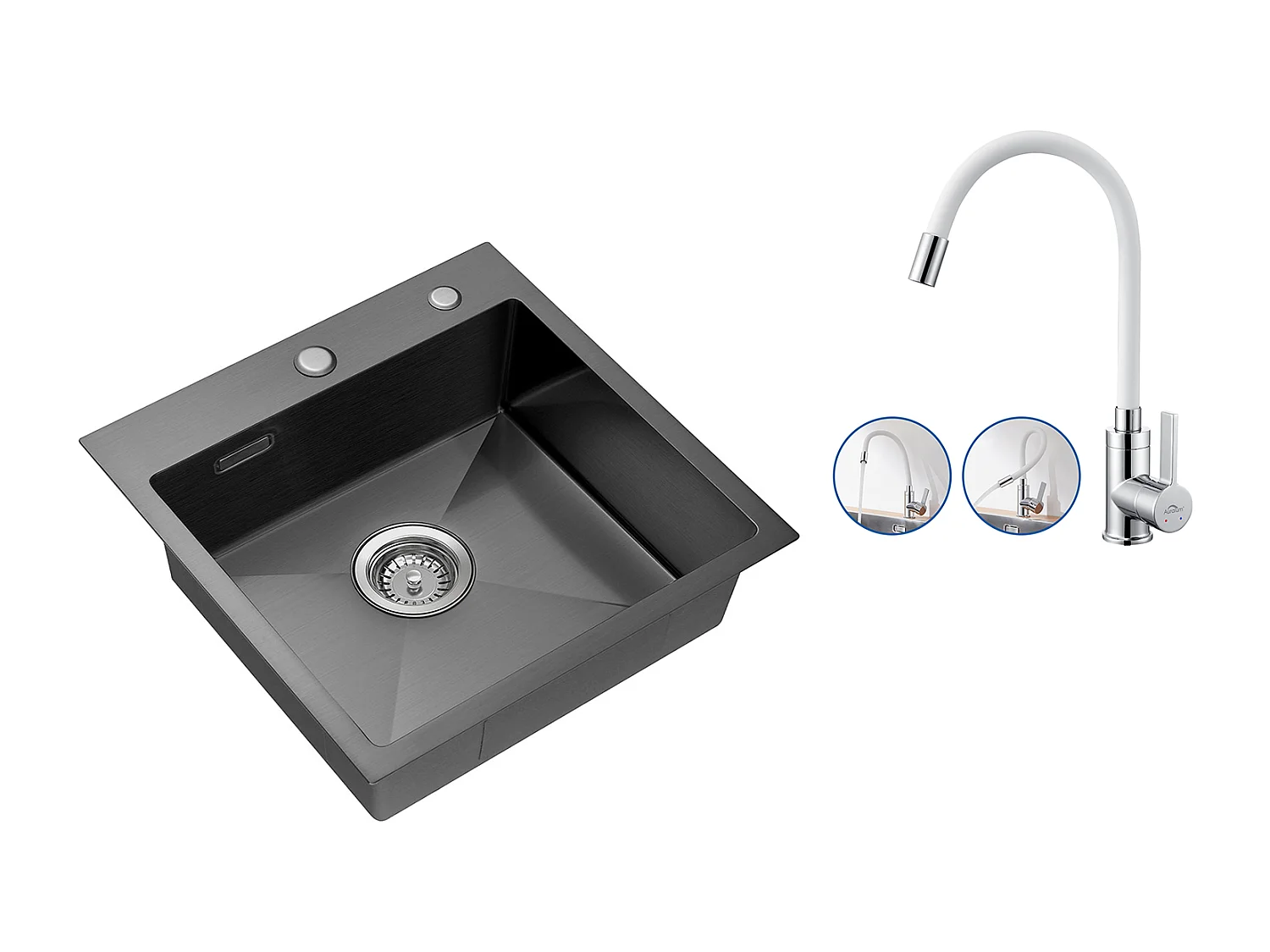 Aanrecht 1 Bak 45x45CM Staal InoXydable 304, inbouw en op te zetten + flexibele keukenkraan hoge uitspring vrij draakbaar, warm/koud water, wit
