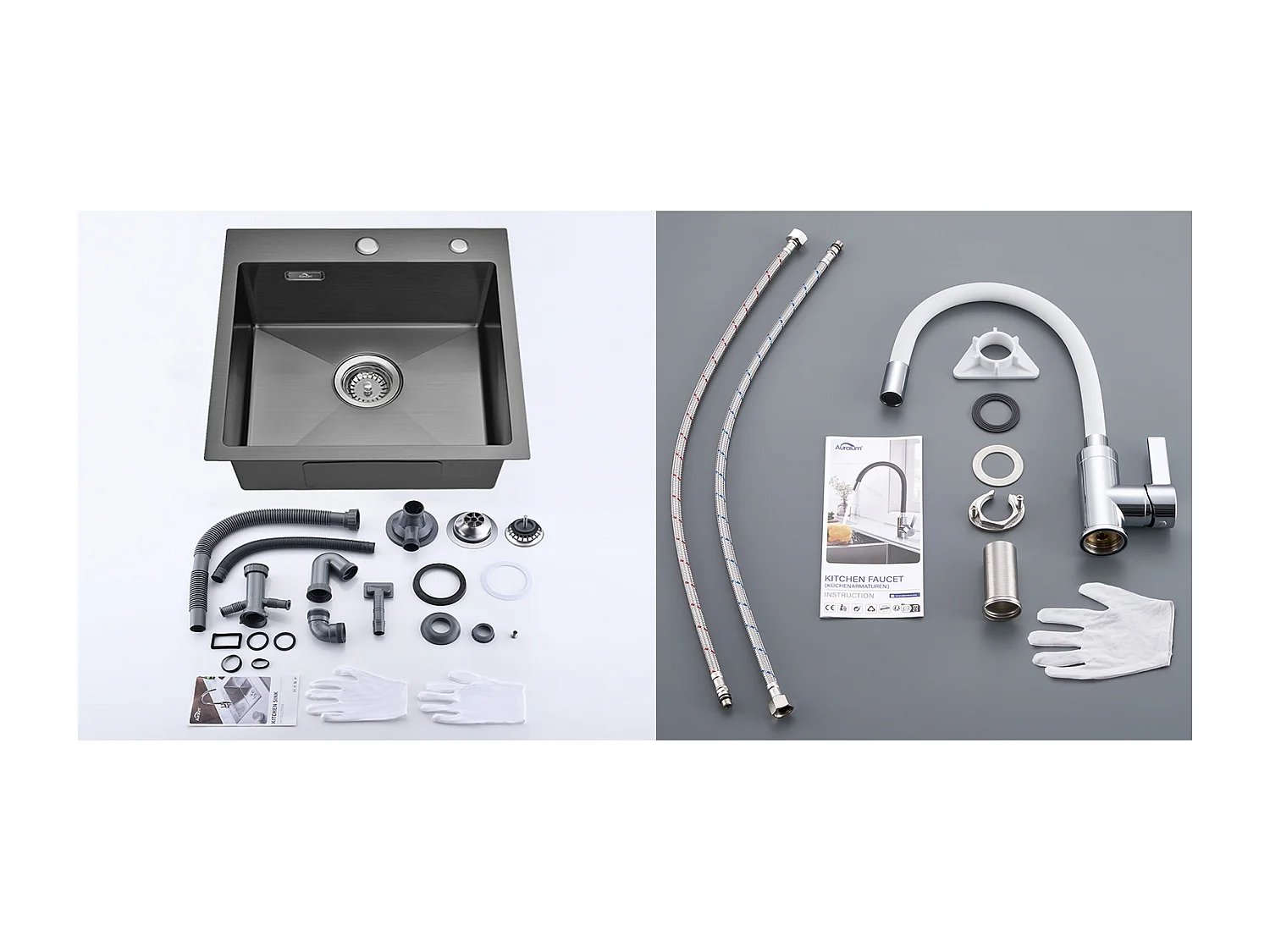 Évier Cuisine 1 Bac 45x45CM Acier Inoxydable 304 ,encastré et à Poser+Robinet Cuisine Flexible Bec Haut Orientable Librement,Eau Chaude/Froide,Blanc