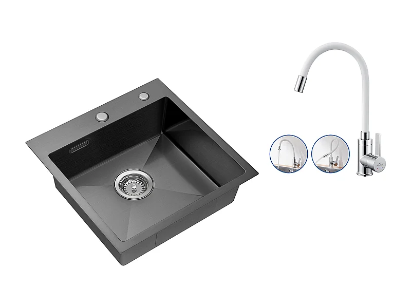 Évier Cuisine 1 Bac 45x45CM Acier Inoxydable 304 ,encastré et à Poser+Robinet Cuisine Flexible Bec Haut Orientable Librement,Eau Chaude/Froide,Blanc