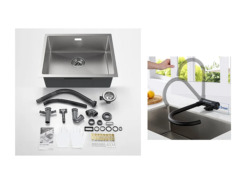 2 en1 Évier Cuisine 1 Bac 55*44*19CM, à Encastrer/Fleur/ Sous-Plan, Brossé+Mitigeur Cuisine en Acier Inox 304 Rabattable Pivotant à 360°,Noir