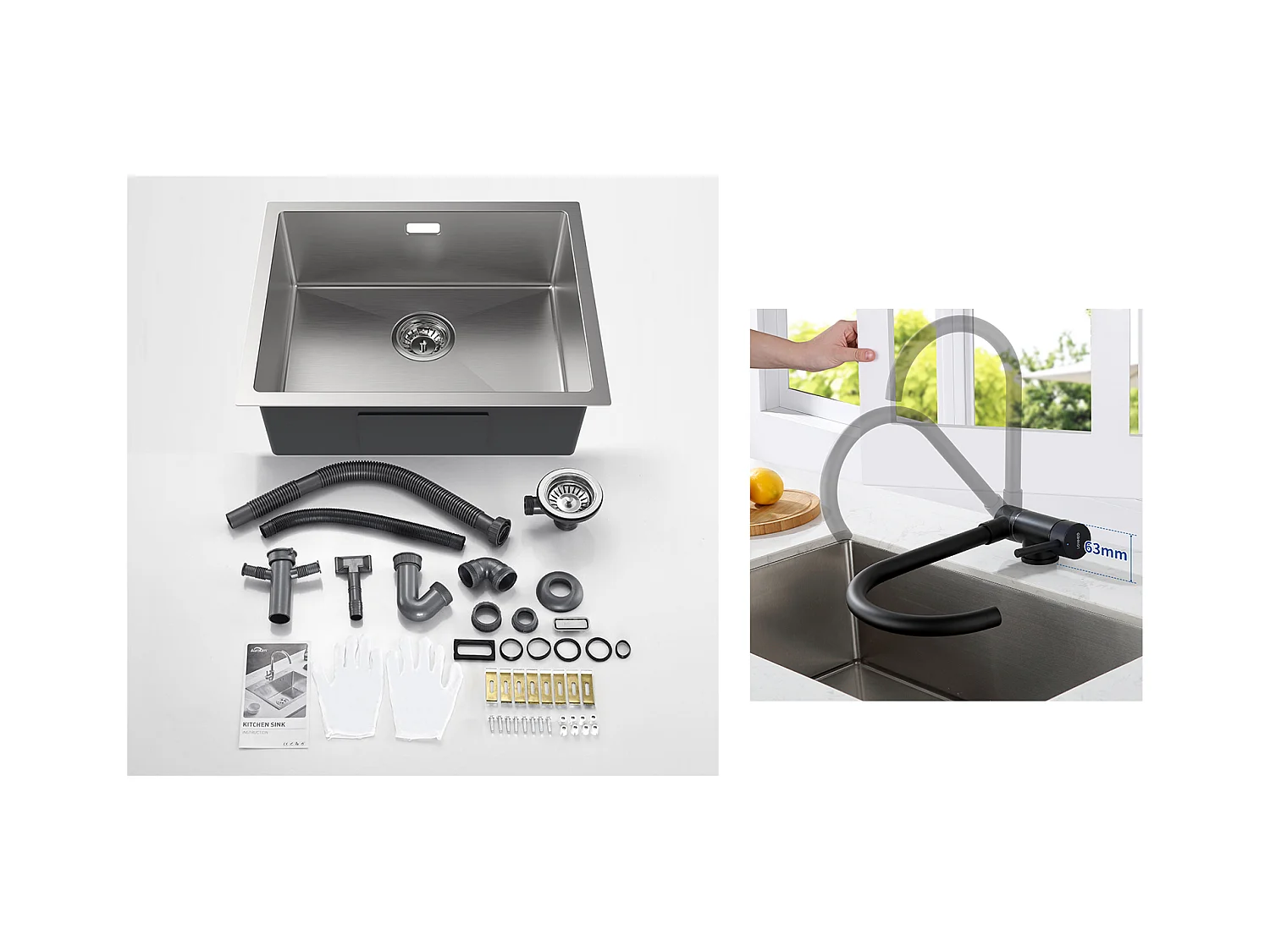 2 en1 Évier Cuisine 1 Bac 55*44*19CM, à Encastrer/Fleur/ Sous-Plan, Brossé+Mitigeur Cuisine en Acier Inox 304 Rabattable Pivotant à 360°,Noir