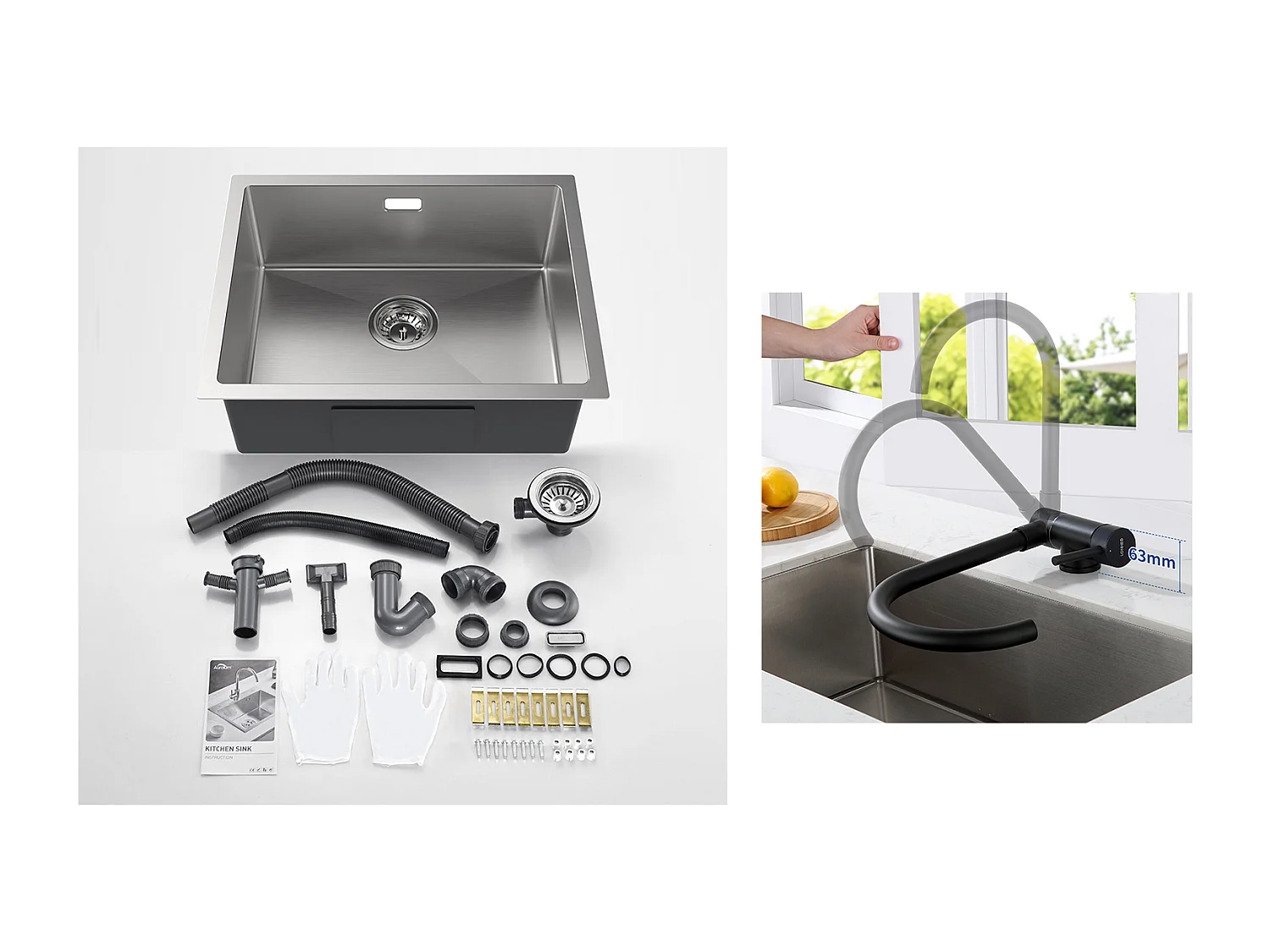 Fregadero Cocina 1 Bandeja 55*44*19CM, Empotrable/Flor/ Sub-Plan,Cepillado+Mezclador Cocina de Acero Inoxidable Plegable Girando 360°,Negro