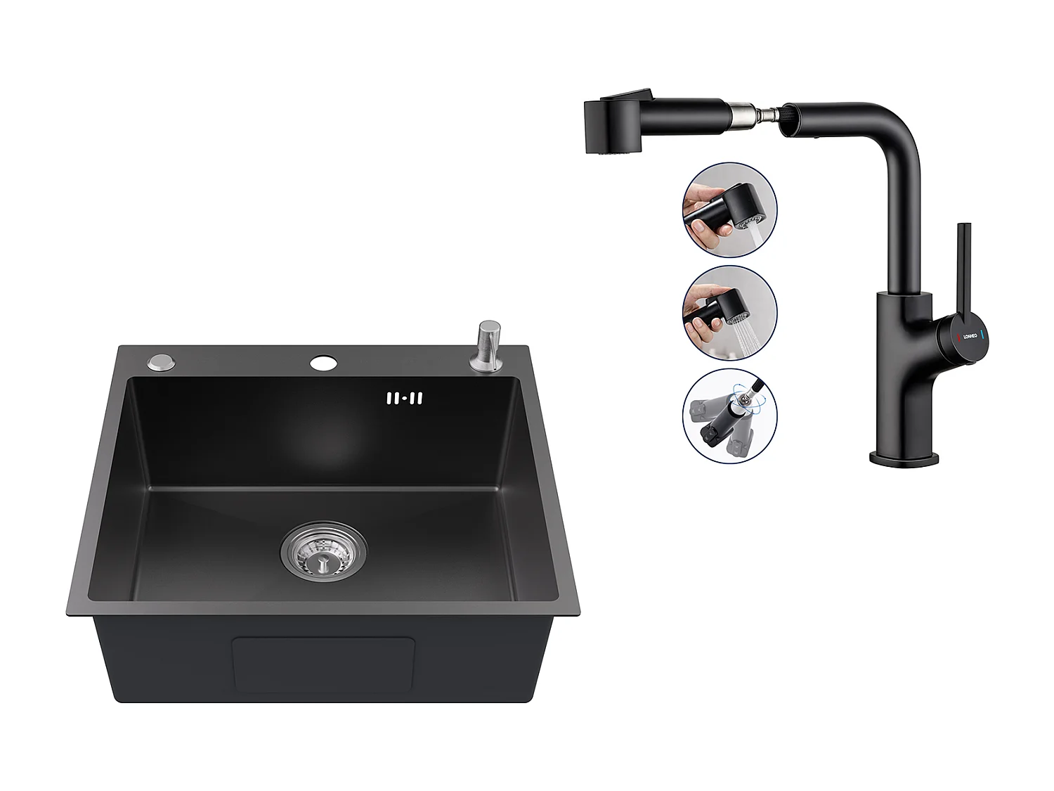 Evier Cuisine 1Bac 54*49*20 CM,Inox,Noir Gris,Evier avec Distributeur Savon+ Robinet de Cuisine Noir avec Douchette Extractible,Deux Jets