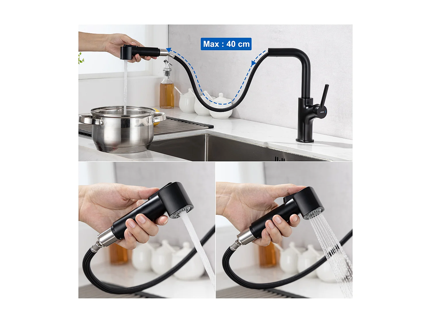 Evier Cuisine 1Bac 54*49*20 CM,Inox,Noir Gris,Evier avec Distributeur Savon+ Robinet de Cuisine Noir avec Douchette Extractible,Deux Jets