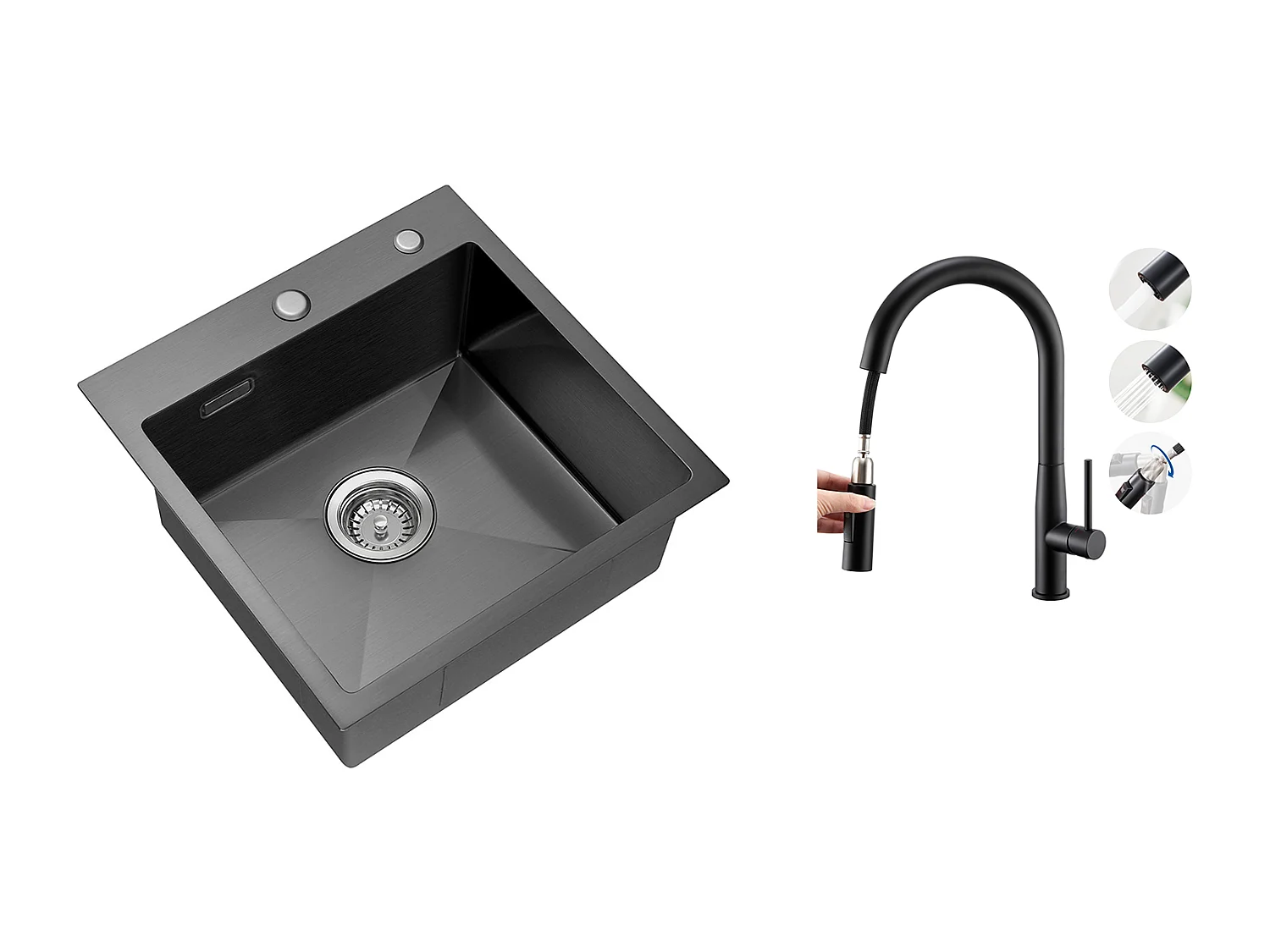 Évier Cuisine Noir 1 Bac 45x45CM Inox ,encastré/à Poser+Robinet Cuisine avec Douchette Extractible, Eau Froide/ Chaude,Bec en Forme U,Noir