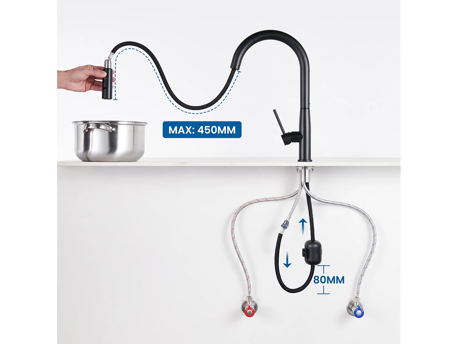 Évier Cuisine Noir 1 Bac 45x45CM Inox ,encastré/à Poser+Robinet Cuisine avec Douchette Extractible, Eau Froide/ Chaude,Bec en Forme U,Noir