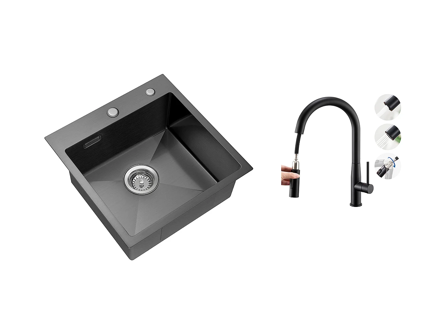 Évier Cuisine Noir 1 Bac 45x45CM Inox ,encastré/à Poser+Robinet Cuisine avec Douchette Extractible, Eau Froide/ Chaude,Bec en Forme U,Noir