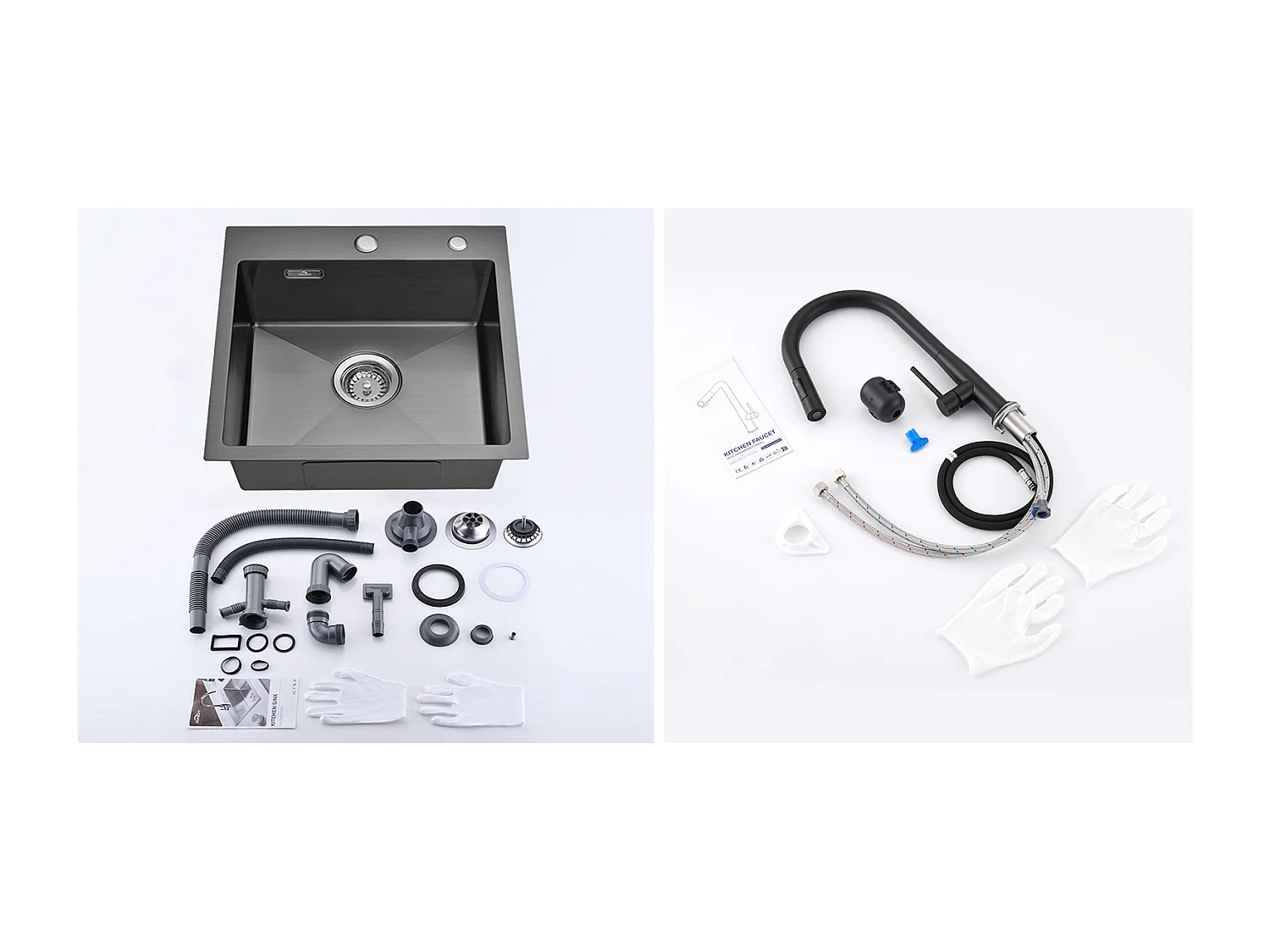 Évier Cuisine Noir 1 Bac 45x45CM Inox ,encastré/à Poser+Robinet Cuisine avec Douchette Extractible, Eau Froide/ Chaude,Bec en Forme U,Noir