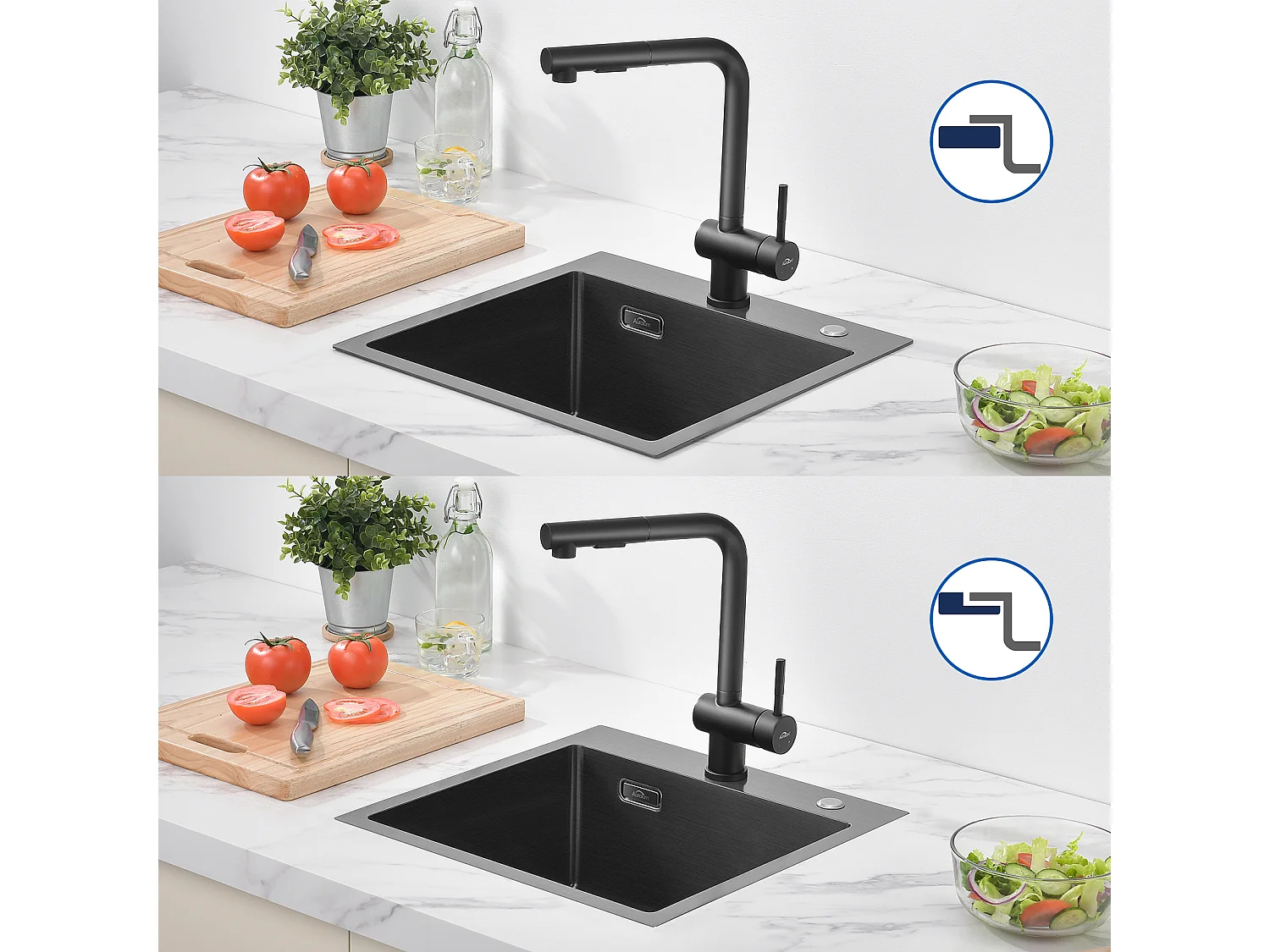 Évier Cuisine Noir 1 Bac 45x45CM Inox ,encastré/à Poser+Robinet Cuisine avec Douchette Extractible, Eau Froide/ Chaude,Bec en Forme U,Noir