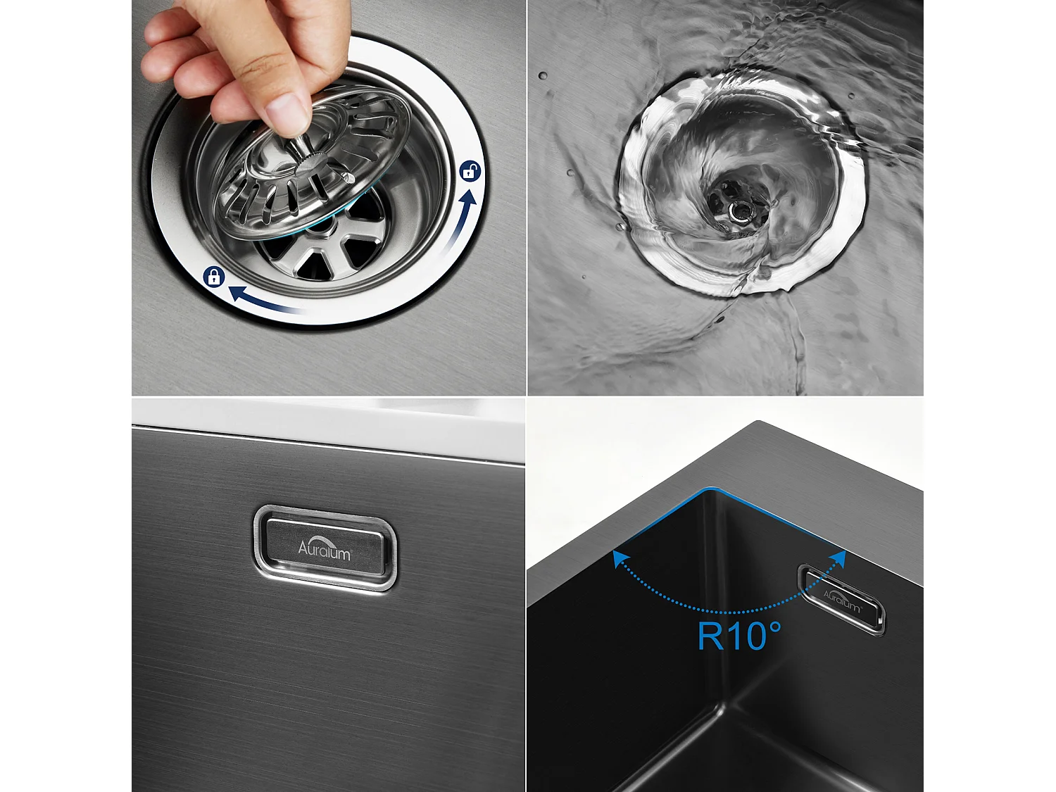 Évier Cuisine Noir 1 Bac 45x45CM Inox ,encastré/à Poser+Robinet Cuisine avec Douchette Extractible, Eau Froide/ Chaude,Bec en Forme U,Noir