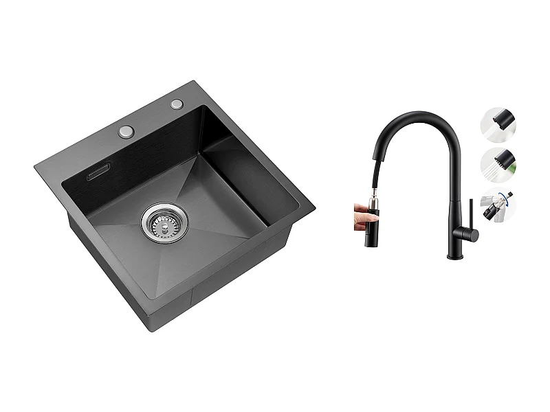 Zwarte Keukenspoelbak 1 Bak 45x45CM RVS ,inbouw/opbouwkraan+kraan CuIsine met Uittrekbare Handdouche, Koud/Warm Water, U-vormige Uitloop, Zwart