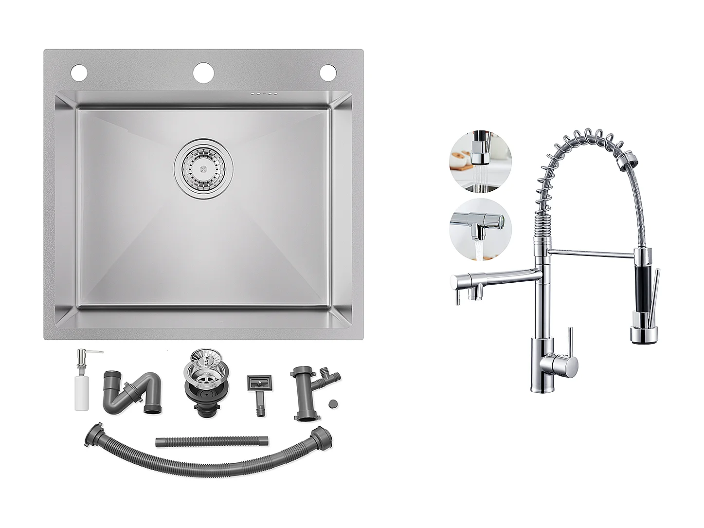 Evier Cuisine 54*49*20 CM,à Encastrer/à Fleur de Plan avec Distributeur Savon,Argent+Robinet Cuisine Rotatif 360° Douchette Extractible