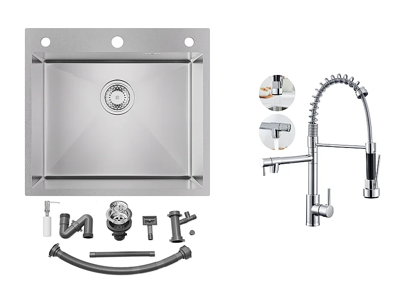 Aanrecht 54*49*20 CM, inbouw/aanrecht met zeepdispenser, zilver + 360° draaibare keukenkraan uittrekbare douche