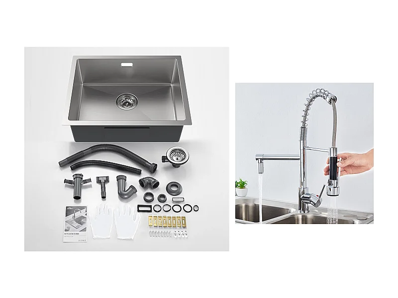 2 en1 Évier de Cuisine 1 Bac 55*44*19CM, à Encastrer/Fleur/ Sous-Plan, Brossé+Robinet Cuisine Rotatif 360°  avec Douchette Extractible,Chromé